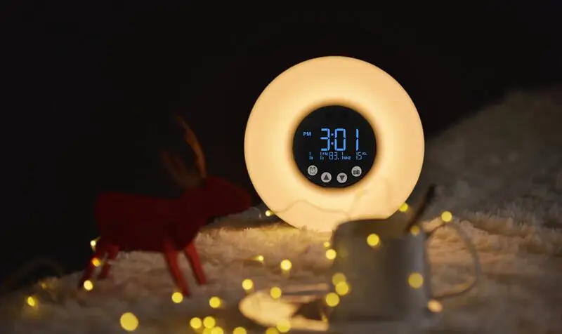 Lâmpadas de Temperatura Sunrise Acordar Colorida Relógio Despertador Rádio fm Simulação Digital Display Night Light Inteligente Bebê Luz Led 8 Luzes noturnas