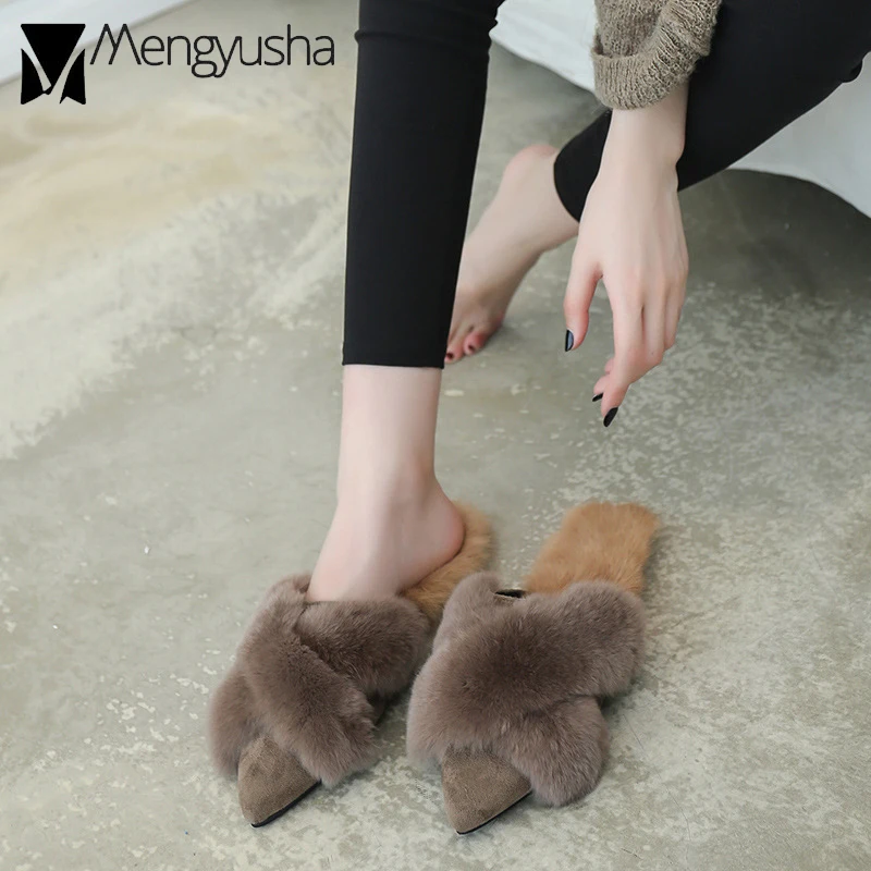 

Fur Double belt fox warm plush slippers rabbit hair pointed mules slides flats hair ball loafers cross band women winter shoes