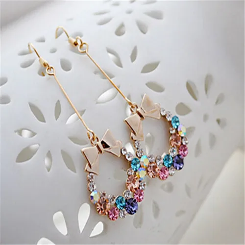

BONLAVIE Unique Beautiful Wreath Bowknot Tassel Decoration Face Bright Colored Ear Hook Drop Earrings Earrings For Women