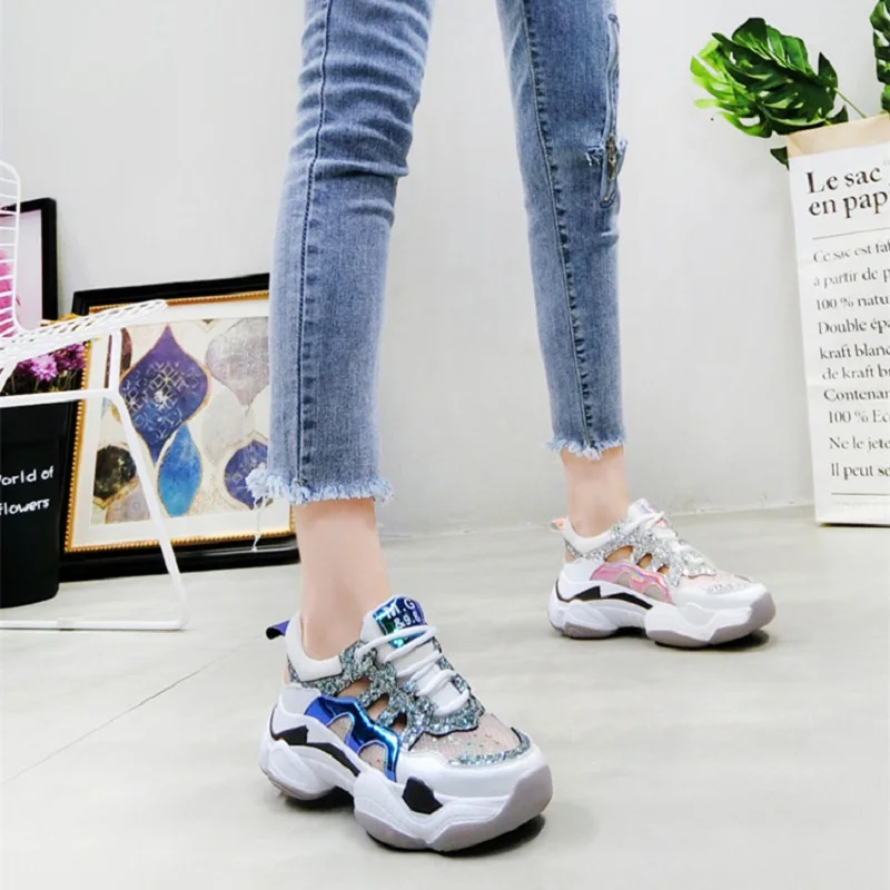 

2019 summer color sequins mesh hollowed out with thick bottom muffin wedges old shoes white shoes women's shoes
