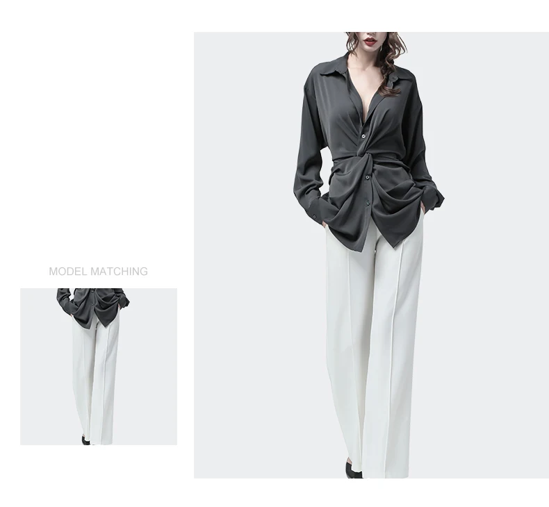 Женские серые блузки макси с поясом, зашнуровать, мягкая тканая блузка, v-образный вырез, длинный рукав, Ранняя осень, элегантные офисные Блузы