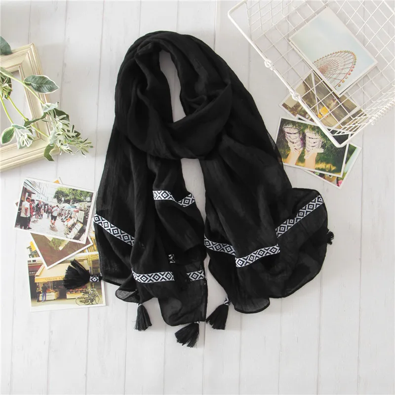Дизайн, роскошный бренд, твердый вискозный летний шарф, простые богемные шарфы с кисточками, хиджаб для мусульманок, шаль, длинный шарф, снуд - Цвет: 2