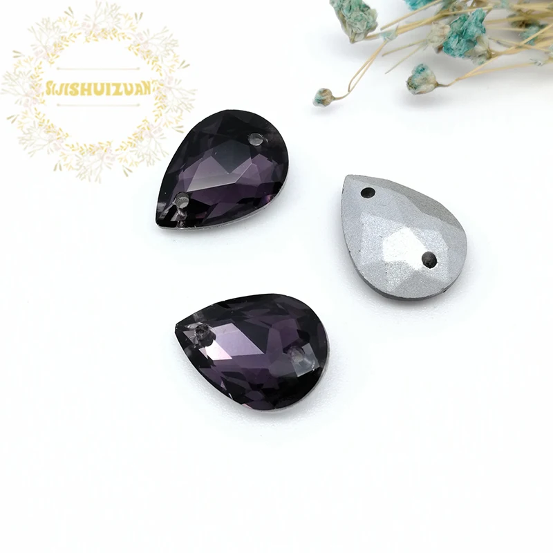 Deep Purple Water Drop Double Hole Crystal Glass Sewing Rhinestones Pointback Diy Wedding Dress and Shoes 10*14 13*18 | Дом и сад