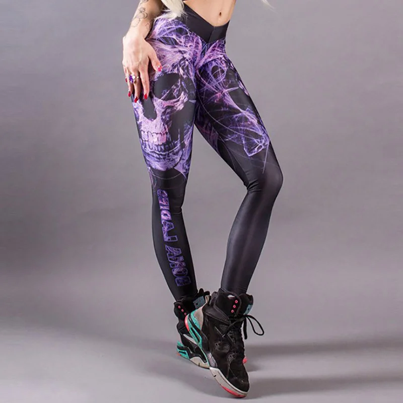 

[You're My Secret] Classic Skull Printed Women Leggings Fitness Gothic Purple Mist Ankle Pants Sexy Workout Leggins Middle Waist