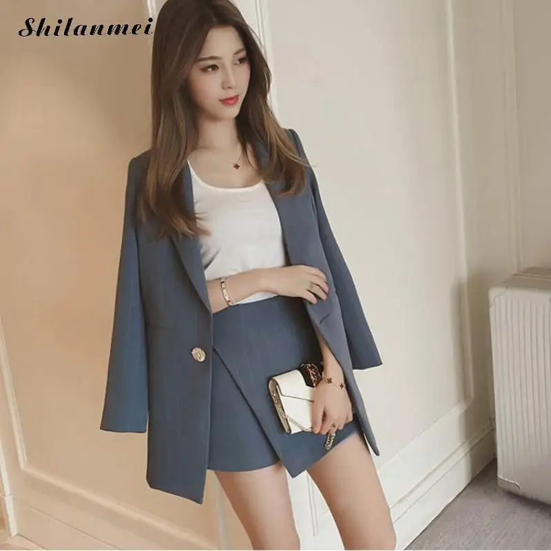 Модный женский костюм с юбкой, корейский простой полосатый Блейзер, куртки и тонкие мини юбки, два предмета, OL наборы, женская одежда, синий - Цвет: grey blue