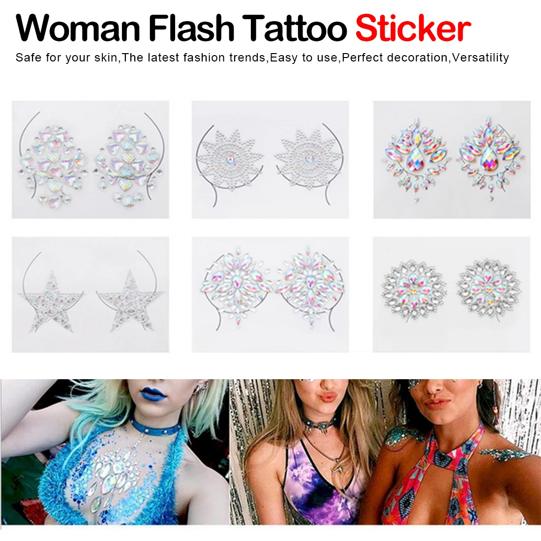 Party Festival Acrylic Chest Decoration Crystal Diamond Tattoo Drill Paste Resin Face Body Stick Makeup Rhinestone Sticker