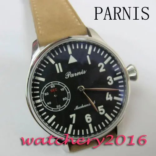 

Newest Hot Fashion 44mm Parnis Black Dial white numbers stainless steel case 6497 Hand Winding movement Wrist Men's Watch
