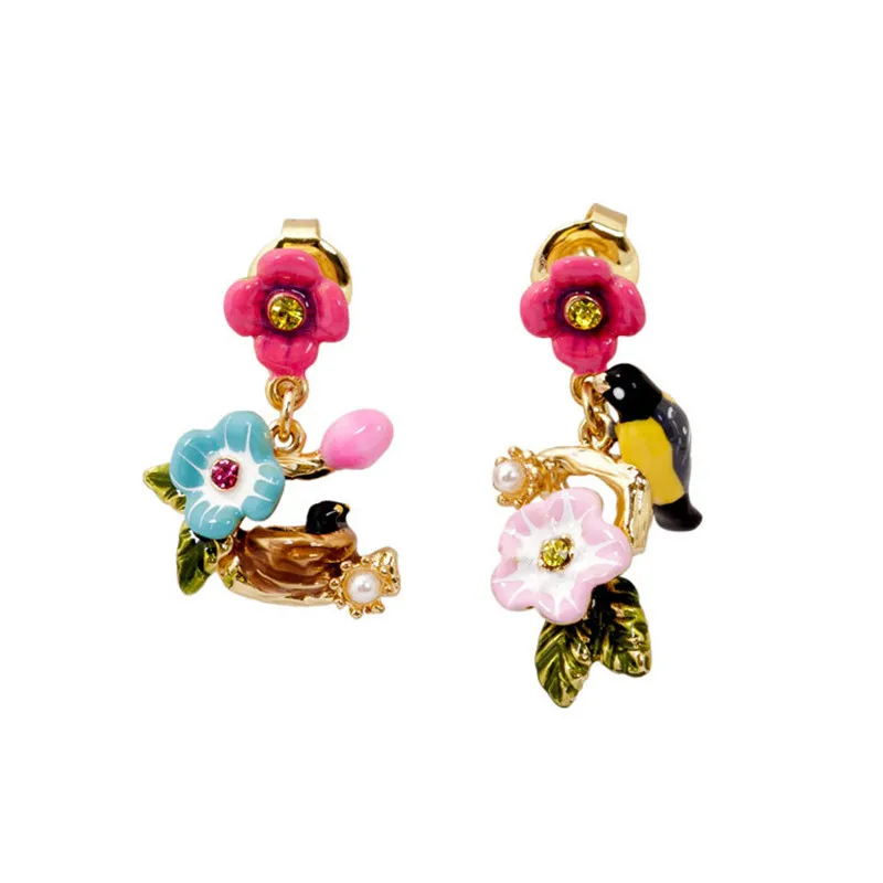 

Warmhome Trendy Enamel Glaze Bird Flower Series FAsymmetric Pink Flowers Bird Nest For Women Stud Earrings
