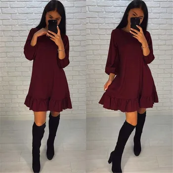 

Trendy Women dress round neck Summer Casual three quarters sleeve solid cotton Party Mini Dresses one pieces
