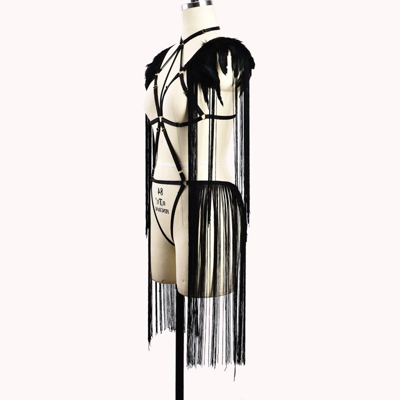 Набор из черного пера с кисточками и ремнем для танца Goth Rave Pole ремни нижнего