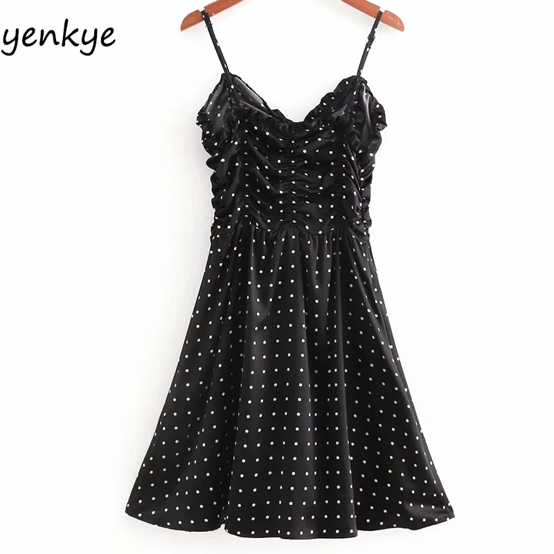 

Summer Dress Women Vintage Polka Dot Draped Cinched Waist Black Sexy Sling Dress Lady Sleeveless A-line Mini Dress