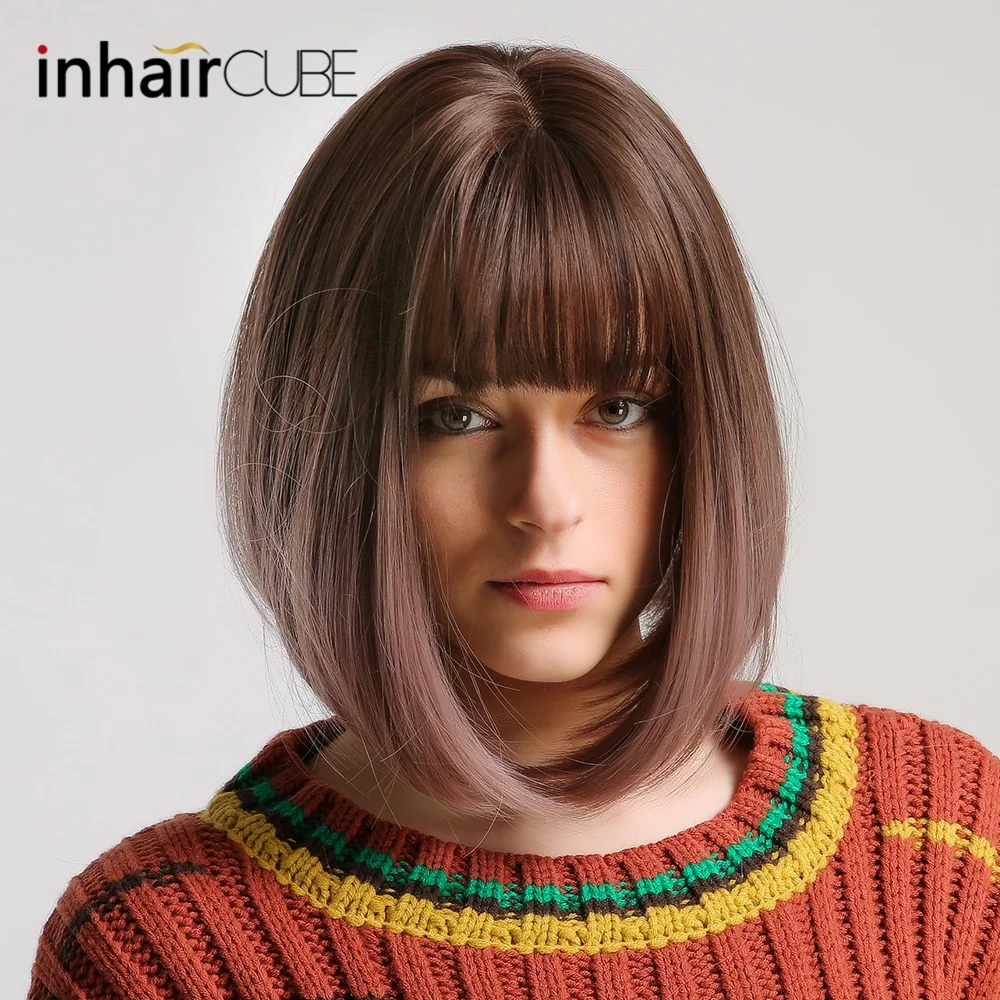 Inhair Cube синтетический плоский челка для женщин парик омбре с выделением короткие прямые волосы боб парик косплей прическа