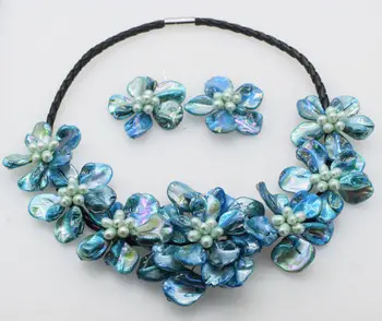 

wholesale freshwater pearl blue shell flower 20" necklace earrings SET
