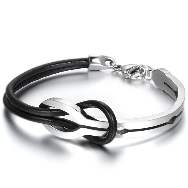 Boniskiss Cool Men Infinity Stainless Steel Leather Bracelet Male Boniskiss Cool Men Infinity Stainless Steel Leather Bracelet Male Cuff Bangles Customer Engrave 2018 New Fashion