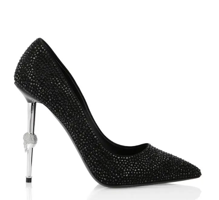 

Moraima Snc Black Crystal High Heel Shoes Pointed Toe Woman Thin Heels pumps Sexy Rhinestones Party Dress Heels