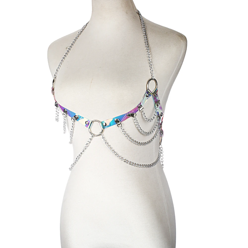 Голографические кожаные ремни для тела, сексуальные Харадзюку, цепь для тела, бюстгальтер, связывание, цепь для тела, Клубные, вечерние, праздничные украшения для тела, аксессуары
