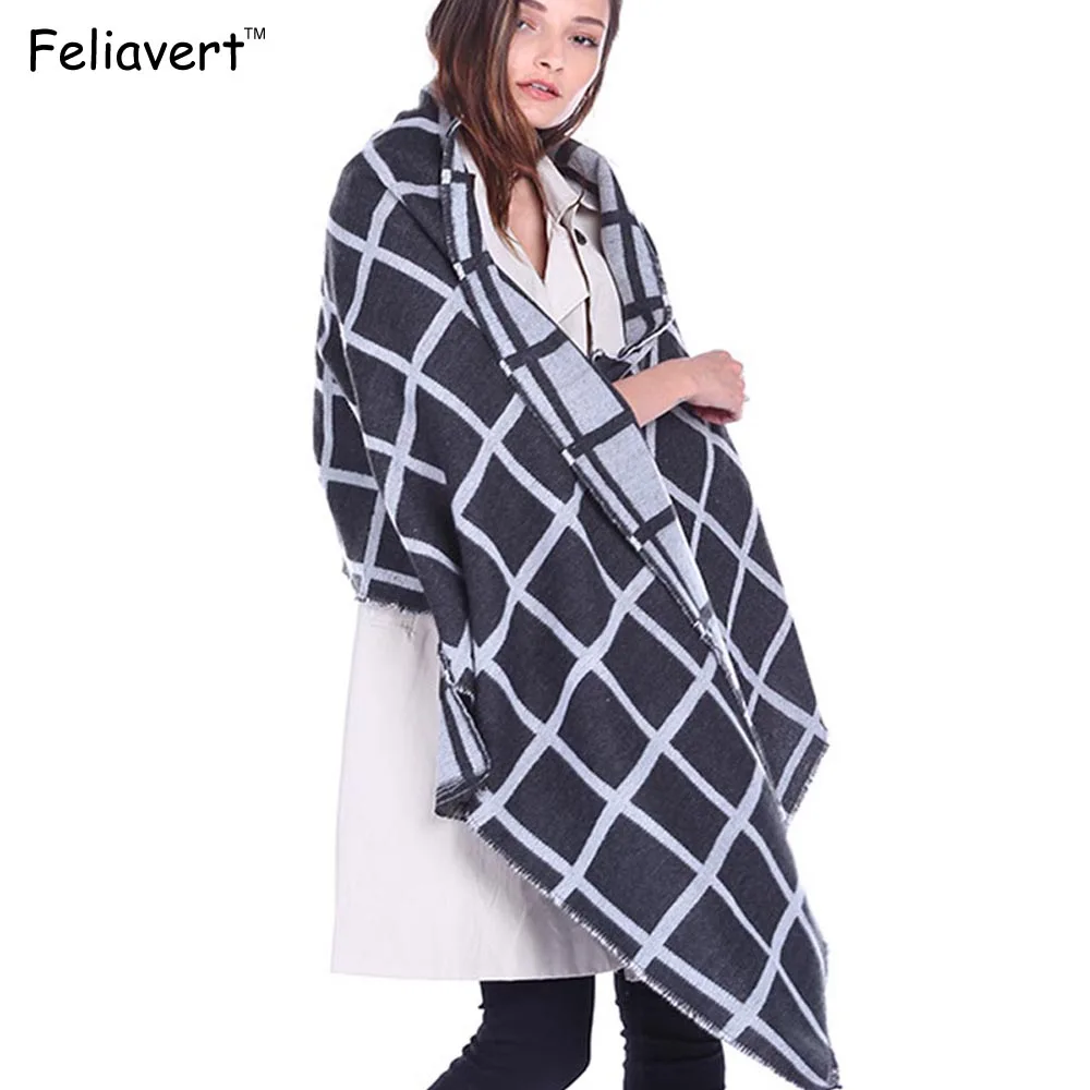 Feliavert Winter Scarf Women Double Sided Plaid Striped Print Acrylic