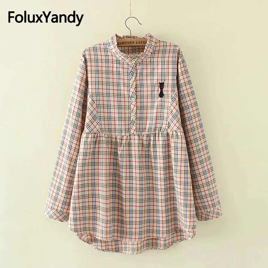 الكشكشة س الرقبة البلوزات النساء عارضة منقوشة طويلة الأكمام قمصان فضفاضة KKFY2567