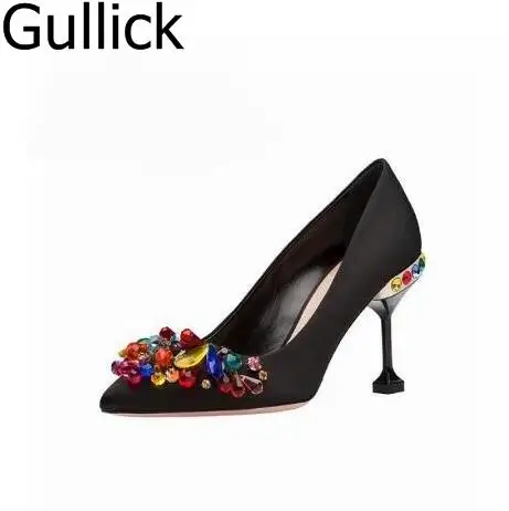 

Women Black Flock Leather Luxury Colorful Crystal Decoration Pointed Toe Pumps Summer Fashion Slip On High Heel Party Shoes