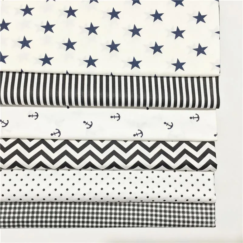 

100% cotton twill SIMPLE black white stars stripe anchor chefron dots check fabrics for DIY bedding patchwork home decor textile