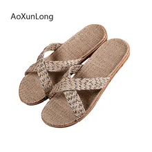 Летние льняные домашние тапочки; простые мужские пляжные шлепанцы с перекрестным ремешком; удобные тапочки на плоской подошве; Вьетнамки унисекс для спальни