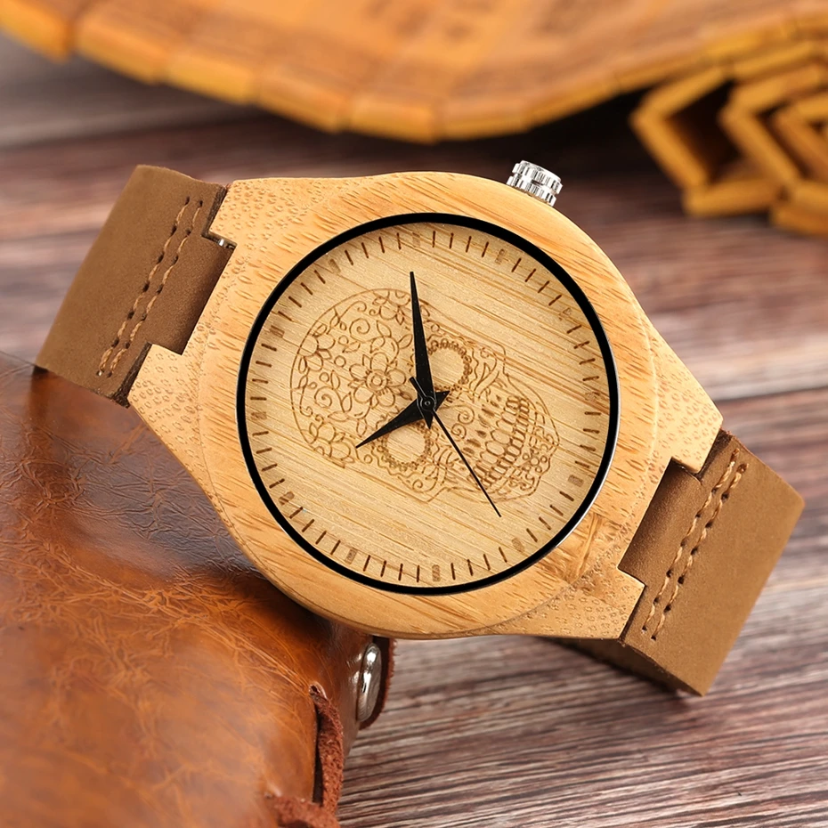 Punk Skull Ghost Wood Watch Man Retro Fashion Bamboo Wood Leather Band Quartz Watch for Men Clock Male Gifts Quartz Reloj Hombre 2020  2019 (7)
