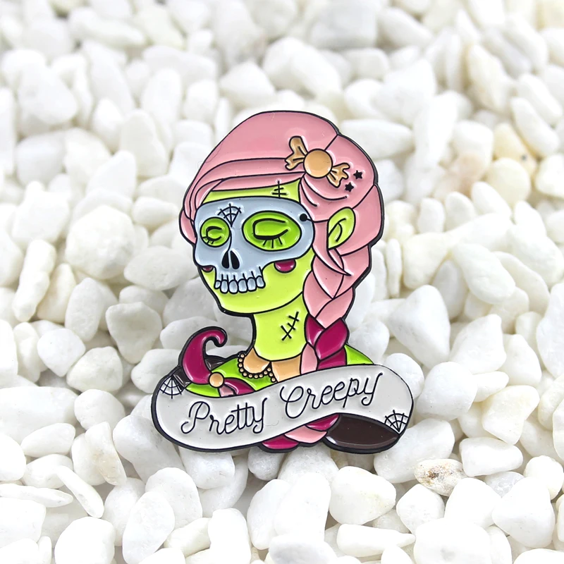 

Pretty Creepy Glow in the Dark Enamel Pin Full of spider webs Skeleton Queen Brooch Ghost beauty glows in the dark