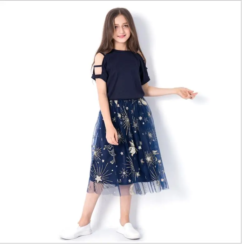 Летняя одежда для маленьких девочек коллекция года, летняя одежда в европейском стиле для девочек хлопковые топы+ фатиновые юбки, комплект высококачественной одежды для детей возрастом от 6 до 14 лет