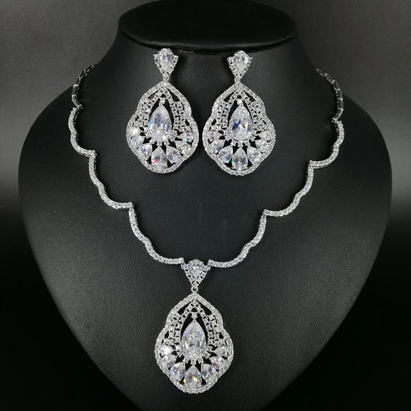 

2019 NEW FASHION elegant retro zircon white gold/pure gold color necklace earrings set wedding bride banquet dinner jewelry