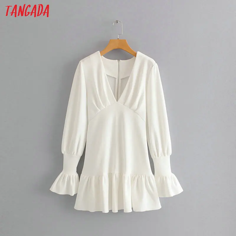 Tangada, модное женское белое мини-платье, туника, талия, оборки, длинный рукав, v-образный вырез, Ретро стиль, женское вечернее платье, vestidos 1F63