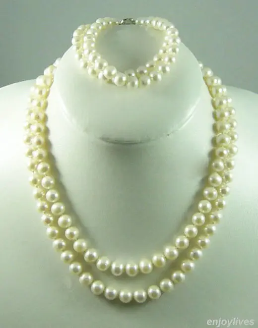

FREE SHIPPING 2 Rows 8-9 mm Genuine White Pearl White Gold Plated Clasp Necklace Bracelet set (A0513)