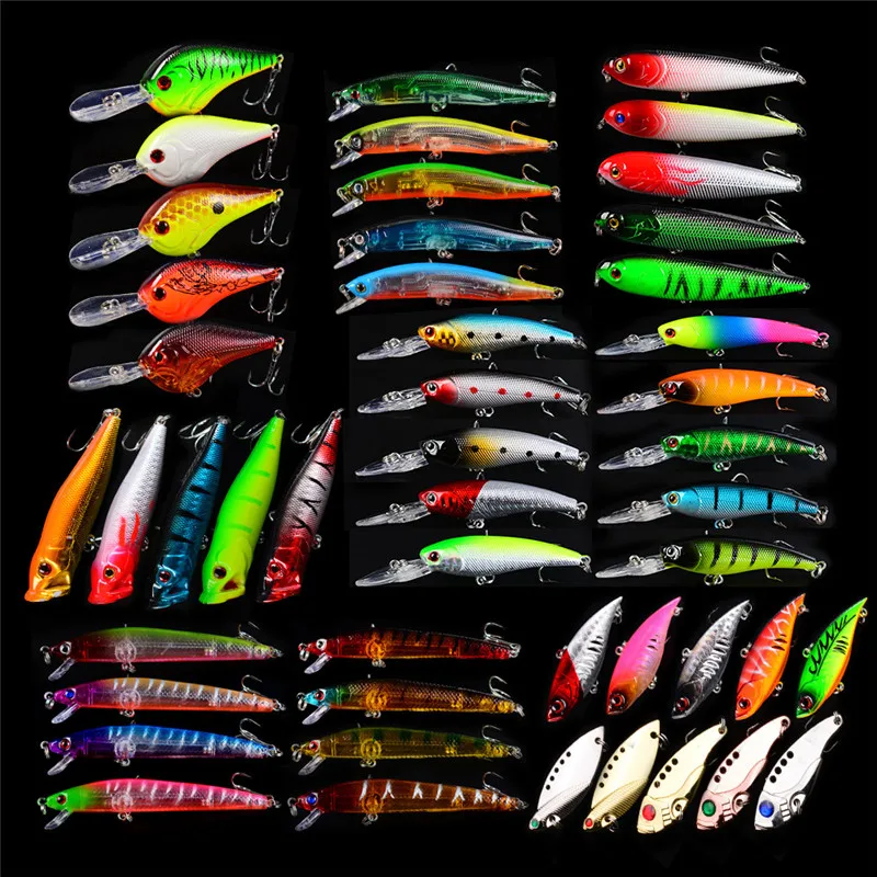 48PCS Minnow Popper Lure Kit Fishing Lure Wobbler Crankbait Minnow Bass Trolling Artificial Bait for Carp Fishing Lures Set - Цвет: 48Pcs