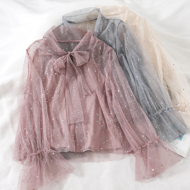 

2019 Spring Mesh Sequin Blouse Women Bowknot Lacing Long Lantern Sleeve Shirt Elegant Women Blouse + Vest 2pcs Set Female Top