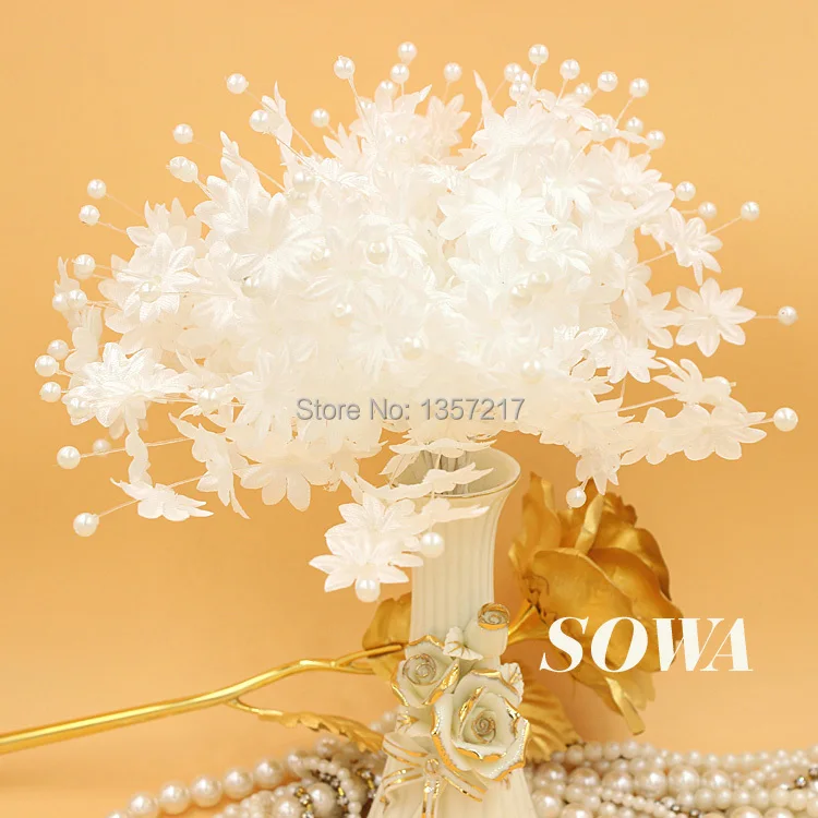 

99pcs/lot 20mm White Color Mulberry Fabric Flower Bouquet/Wire Stem/ Wedding Decoration Scrapbooking Artificial Pearl Flower