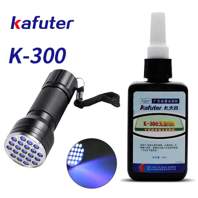 Сильная мощность 21led УФ-светильник+ Kafuter 50 мл УФ-клей УФ отверждения клей K-300 прозрачный кристалл и стекло клей - Цвет: k-300 with lamp