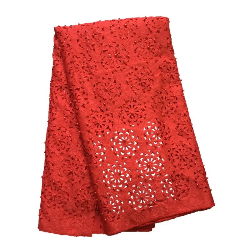 

Beautiful rED Color Lasercut design Laser Cut Lace Fabric with Beads and Stones for Women Evening Dress