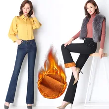 Зимние теплые флисовые широкие джинсы с высокой талией женский обтягивающие Стрейчевые расклешенные джинсы черные синие брюки-клёш джинсовые брюки женские