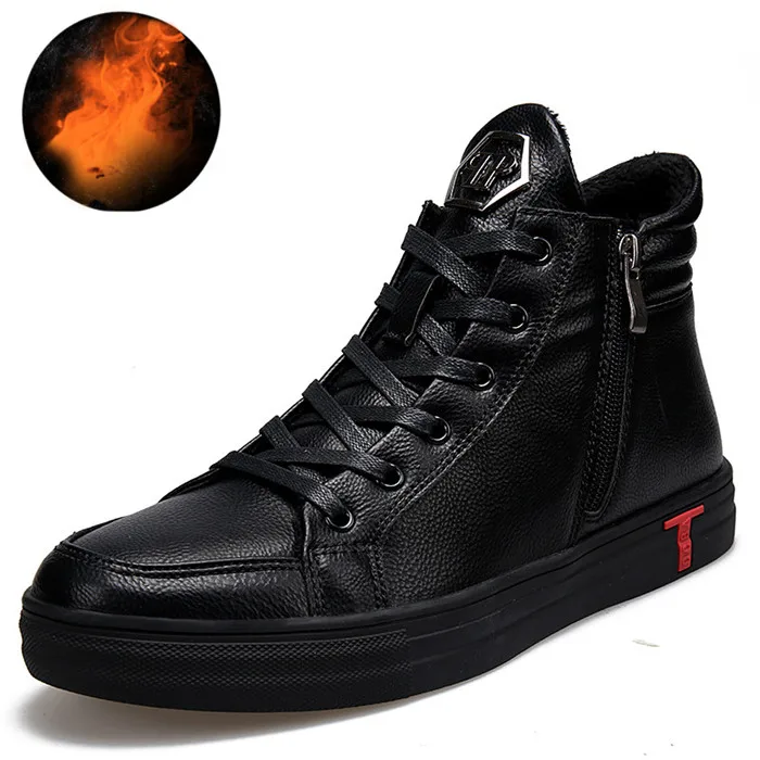 Зимняя обувь из мягкой кожи в винтажном стиле; Мужская обувь из плюша; крутая новая Брендовая обувь черного, серого и красного цветов - Цвет: Black