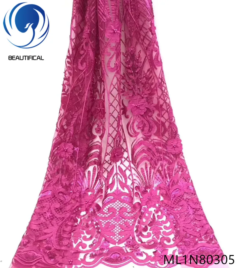 

Beautifical net lace fabric pink french laces fabrics nigerian high quality with glitter sequins and beads sales online ML1N803