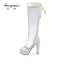 Fanyuan/пикантные летние женские сапоги на шнуровке повседневные сапоги до колена на Высоком толстом каблуке модная женская обувь с вырезами, цвет черный, белый