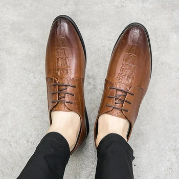 

Men's Fashion Crocodile pattern Leather Shoes Lace-Up Wedding Party Shoes Mens Business Office Oxfords Flats Plus Size Men