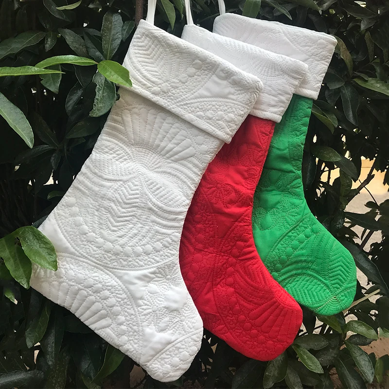 Оптовая Продажа Красный Стеганый хлопок Рождественские носки с манжетой, мягкая Рождественская декорация чулки зеленый стеганый чулок