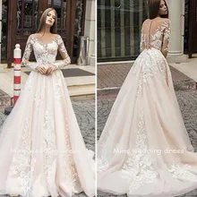 Boho свадебный наряд с длинными рукавами Robe de Mariee кружевная Апликация сзади на молнии и Пуговицы Свадебные платья