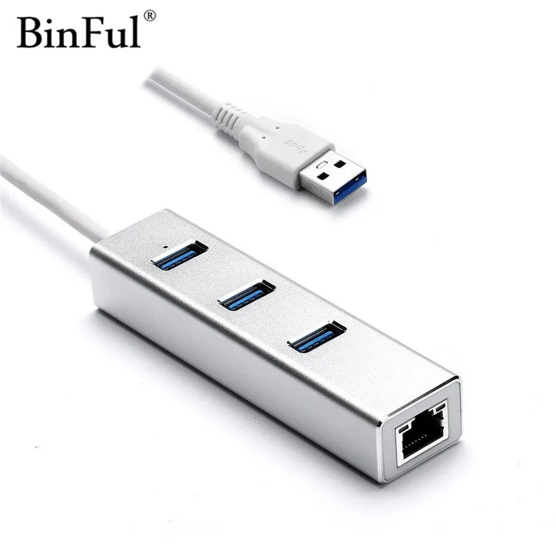 

BinFul Aluminium High Speed 3 Ports USB 3.0 Hub 10/100/1000 Mbps To RJ45 Gigabit Ethernet Adapter LAN Converter For Windows Mac