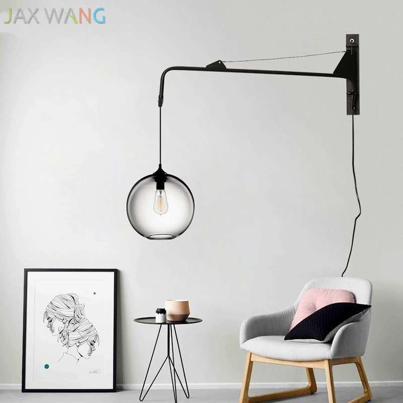 

Nordic modern wall lights bedroom bedside glass Ball wall lamps living room Corridor Balcony long pole rocker arm lamp fixtures