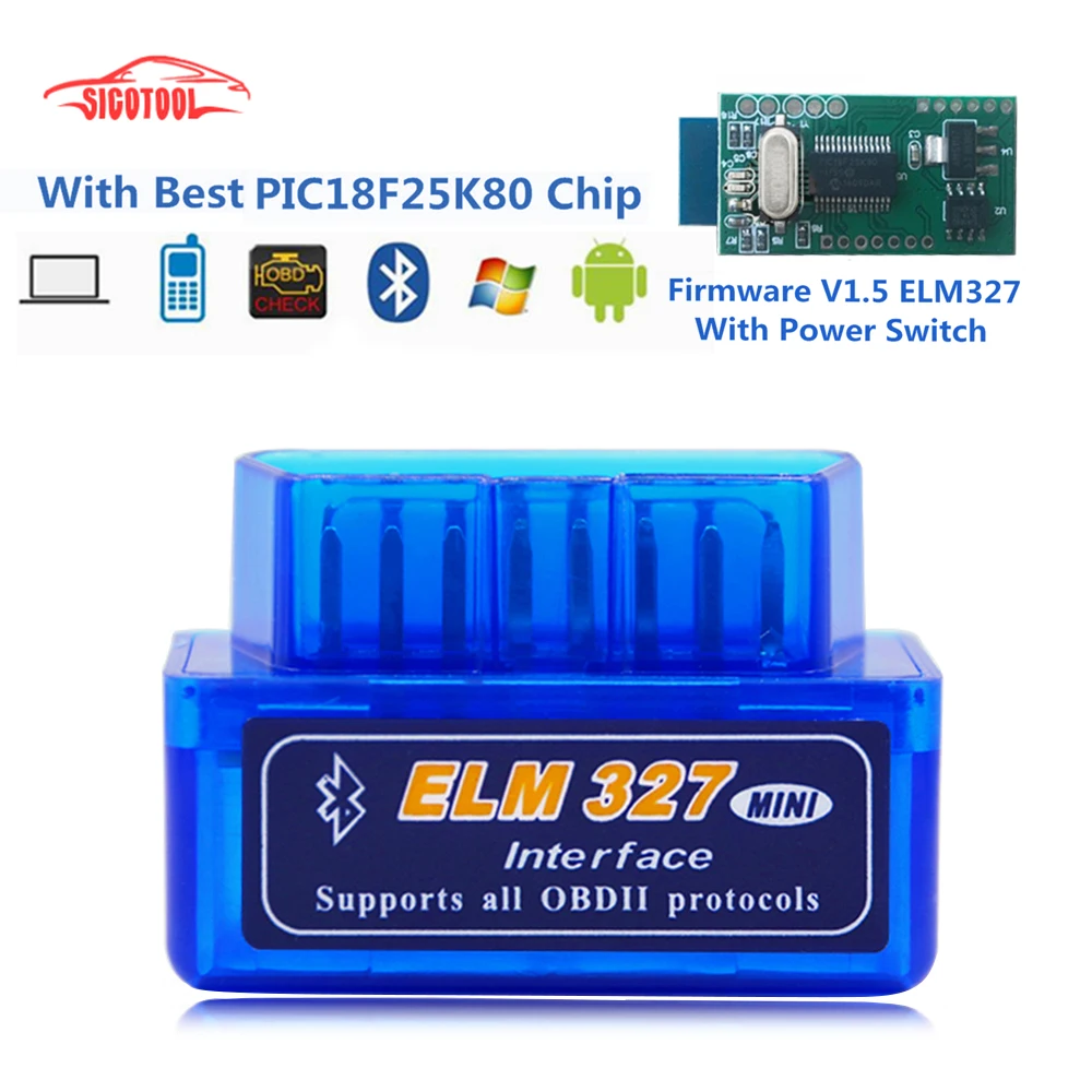 

Super MINI ELM327 V1.5 Bluetooth Power Switch 16Pin OBD scanner works on Android Torque with chip PIC18F25K80 ELM 327 V 1.5