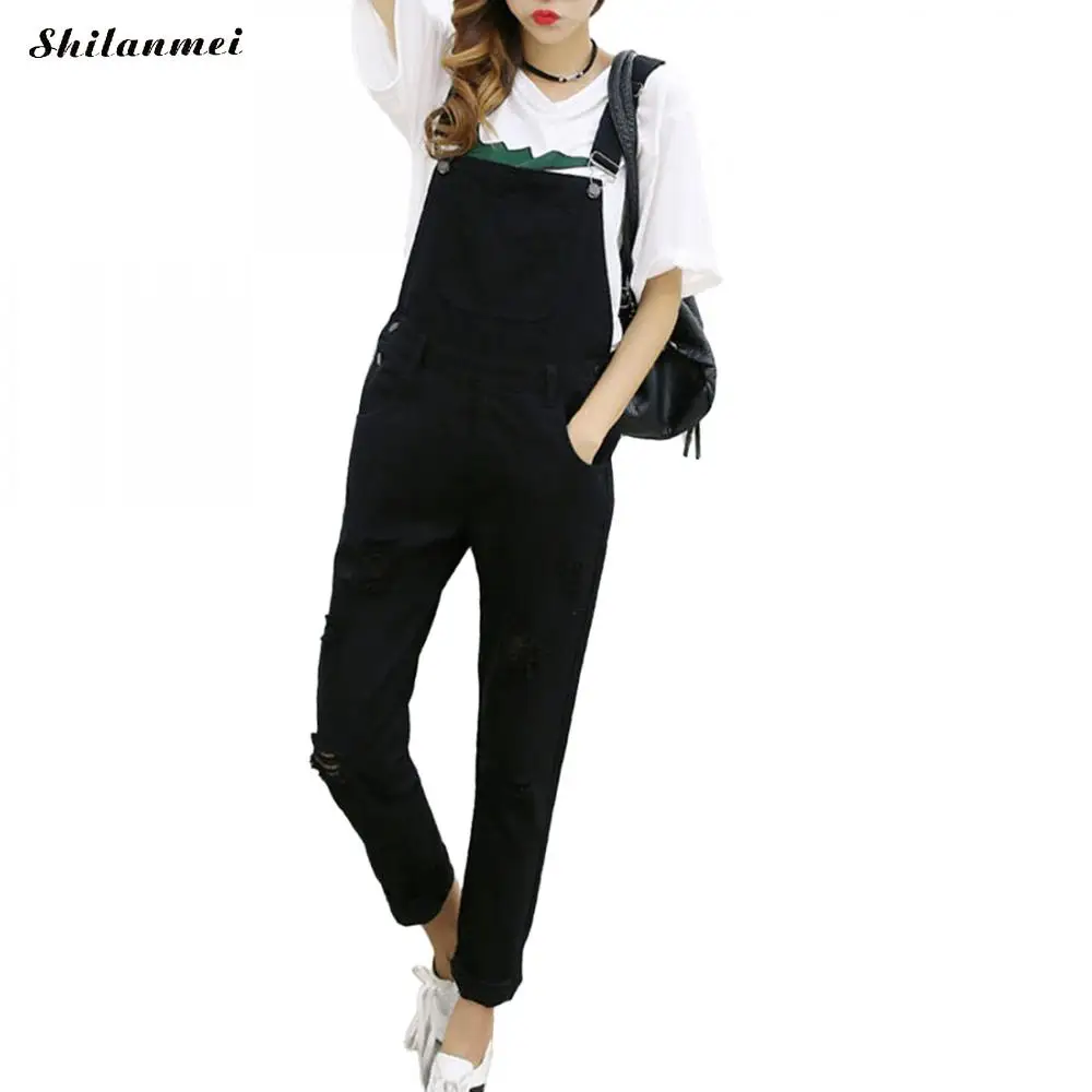 

Denim Women Jumpsuits Slim Moveable Strap Rompers Casual Ripped Holes Long Trousers Overalls Fashion Suspenders Jeans Jumpsuit