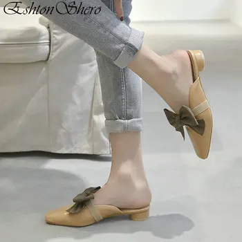 

EshtonShero Woman Slippers Low Heels Leather Slip OnSquare Toe Butterfly-Knot Slingback Ladies Party Wedding Shoes Size 3-9
