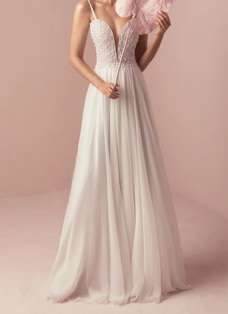 

SSYFashion New Pearl Handmade Pearl Beading Evening Dress Sexy White Chiffon V-neck Sleeveless Banquet Formal Prom Party Gowns
