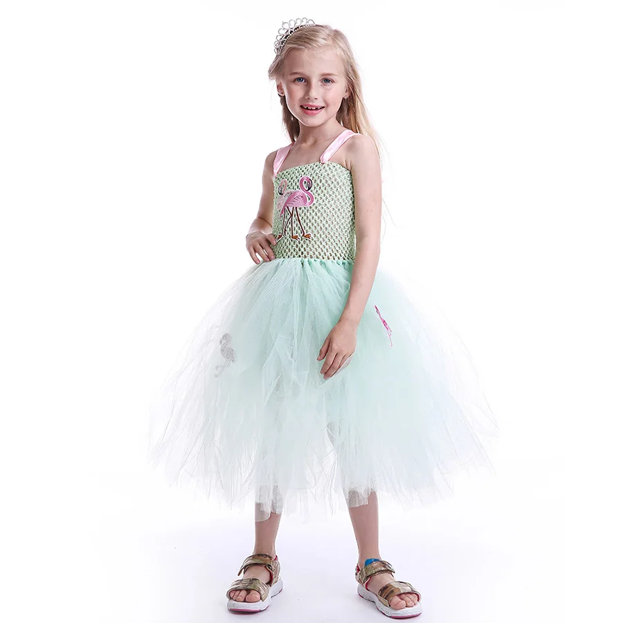Kids Flamingo Pattern Tutu Dress Summer Girls Princess Ankle Length Tulle Clothes (8)